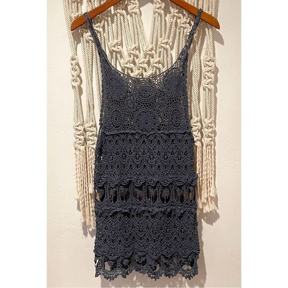 Crochet Tank Top SZ SM Blue Open Knit Festival Boho Indie Hippie Swim Cover Up - Picture 1 of 7